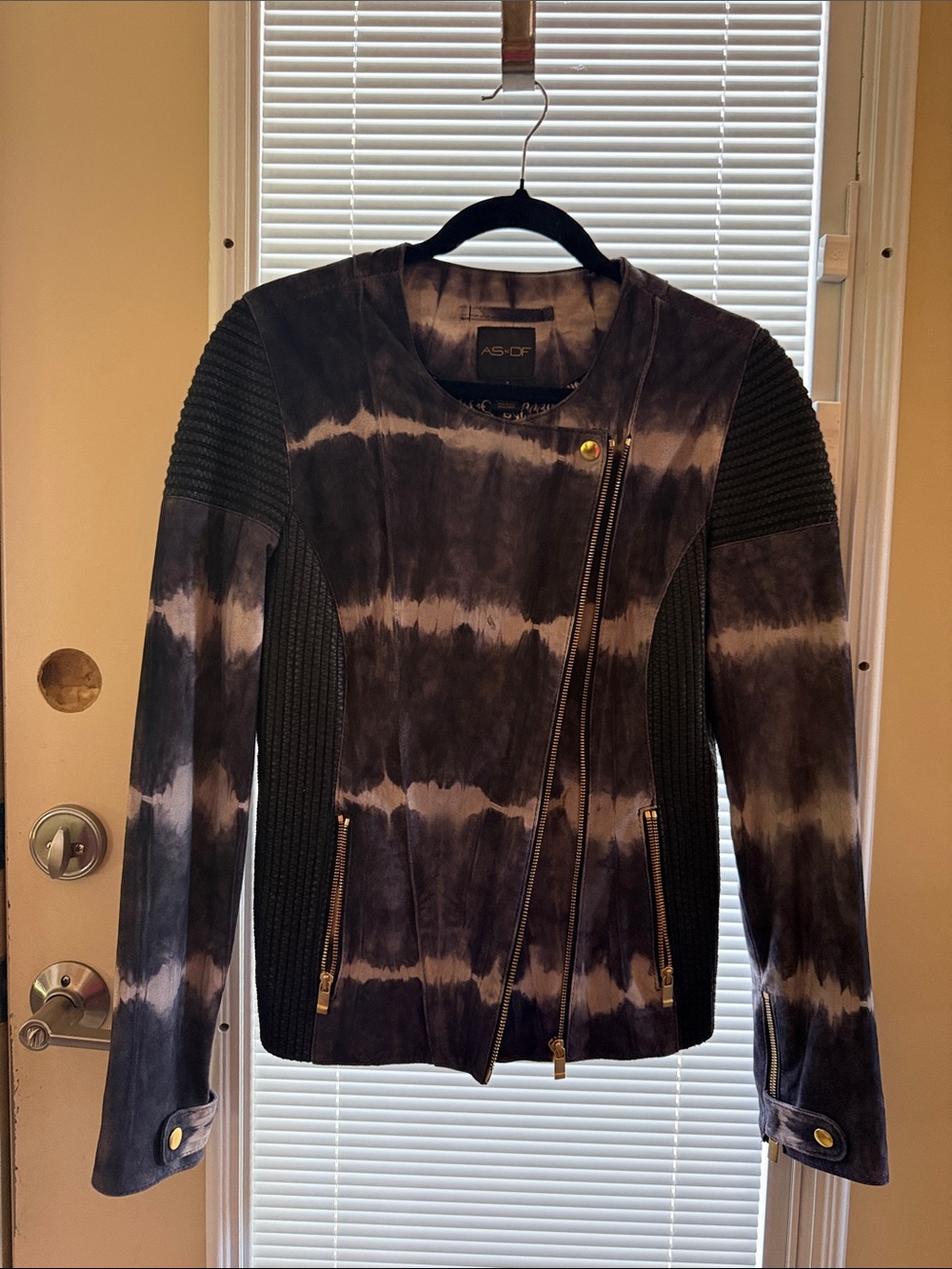 AS•DF Women's Black & Gray Tie-Dye Moto Leather Jacket